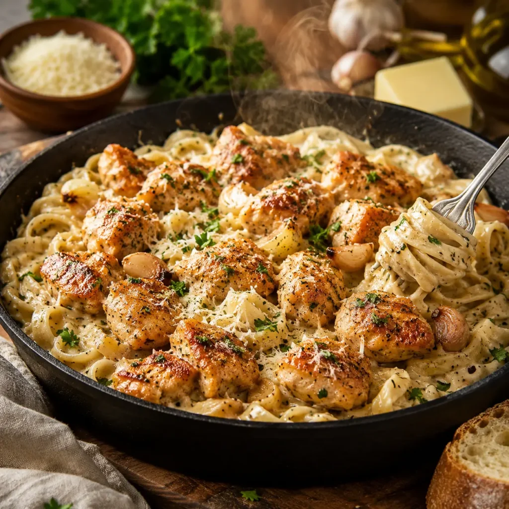 One-Pan Garlic Butter Chicken Bites with Creamy Pasta